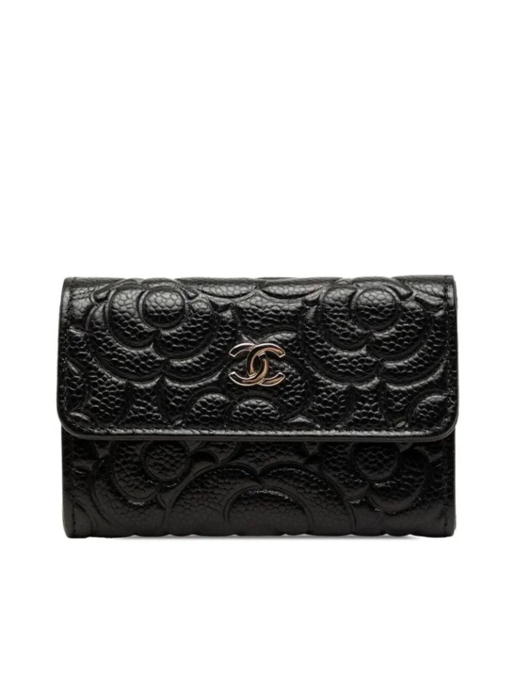 Chanel CC Logo Camellia Card Case Business Black Caviar Leather